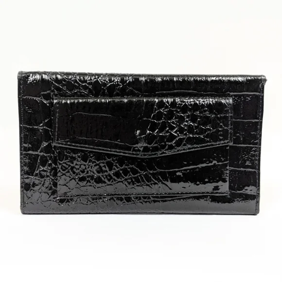 Belle Rose Formal Wallet Patent Leather Crocodile Embossed Shiny Black Retro - Picture 2 of 9